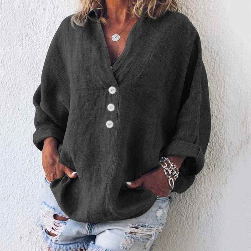 Damebluse | V-hals, Dekorative Knapper