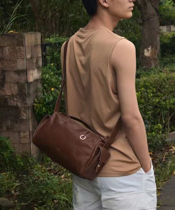 Herrar Slitstark Kalvläder Messenger Bag med Dragkedja och Inre Fickor