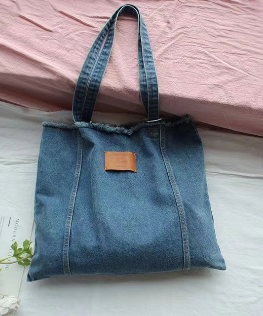 Dam Trendig Denim Axelväska med Hög Kapacitet och Riven Kant
