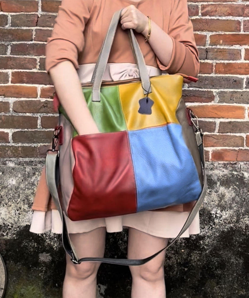 Dam Retro Kalvläder Crossbody Väska med Lapptäcksmönster