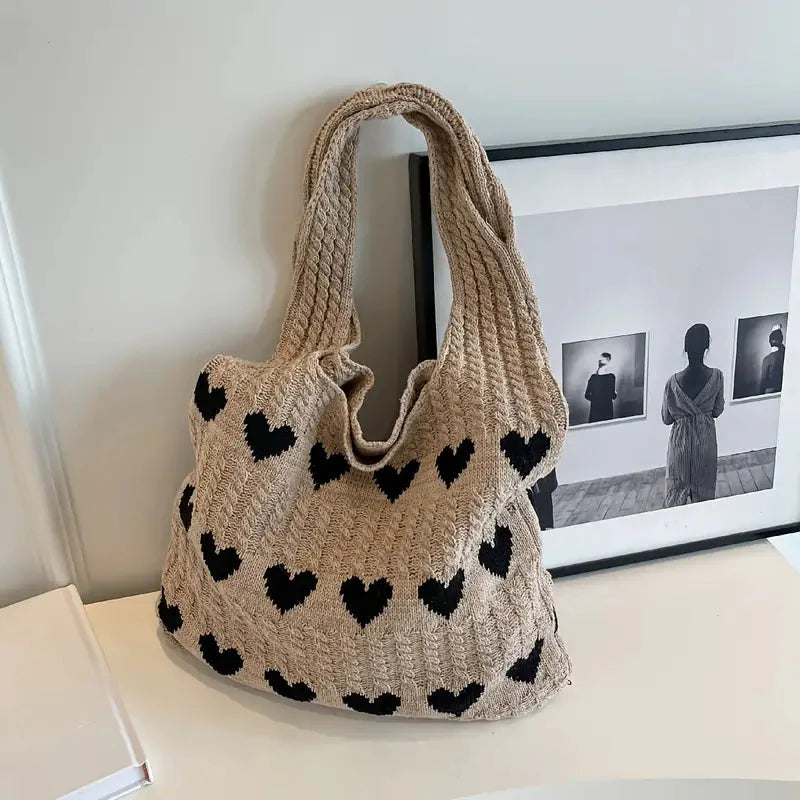 Thalia - Rymlig Förvaring Stickad Tote Väska med Hjärttryck för Dam