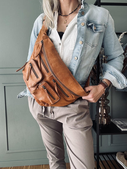 Unisex stor lær bumbag med justerbar rem for ekstra oppbevaring